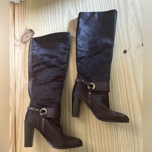 EUC Donald J. Pliner Calf Hair Owen Boots Burgundy  Knee High  Size 6 womens.